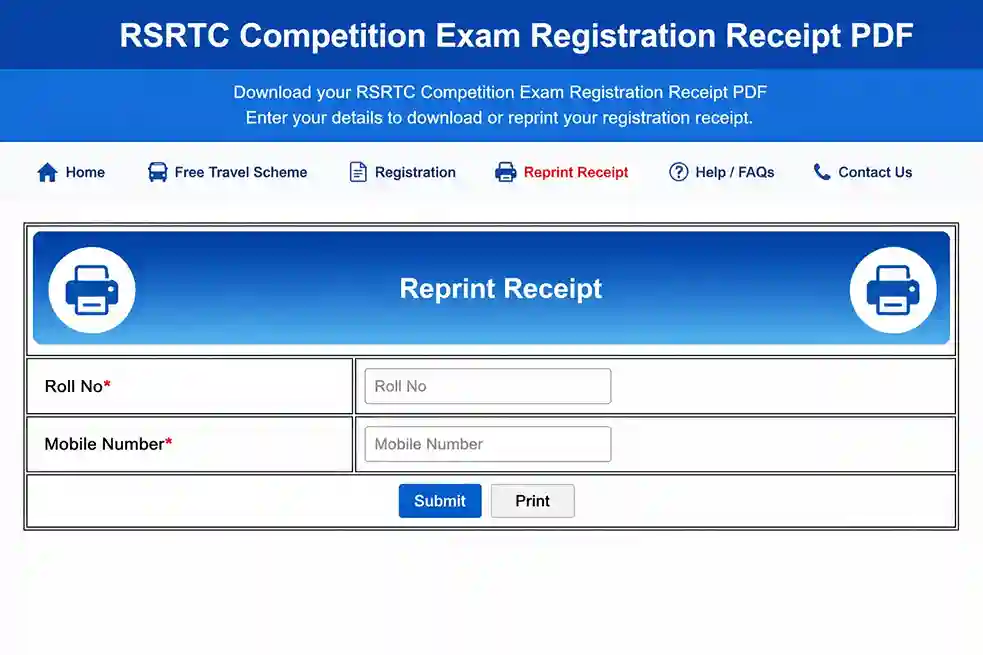RSRTC Competition Exam Registration Receipt PDF Download 2026 Rajasthan Roadways Free Bus Ticket Competitive Exams